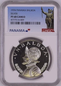 :1974 1-BALBOA SILVER PANAMA NEAR PERFECT PROOF NGC PF68CAM RARE R7 TOP POP 18/1 - Picture 1 of 2