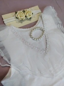 Newborn Girl Bow Back Lace Bodysuit, Bracelet & Headband Photo Outfit White - Picture 1 of 6