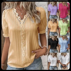 Womens V-Neck Floral Short Sleeve Blouse Tops Ladies Casual Loose T-Shirt Tee US - Picture 1 of 1