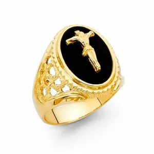 Herrenring oval Onyx Kruzifix 14 Karat massiv Gelbgold Band 18 mm Cruzar Oro Anillo - Bild 1 von 1
