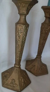 2 Antique gold finish Candle Holders Repousse Cherubs, Birds, People 10" tall - Bild 1 von 10