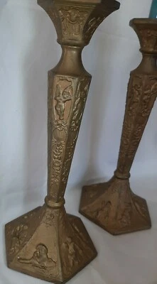 2 Antique gold finish Candle Holders Repousse Cherubs, Birds, People 10" tall - Image 1 of 4