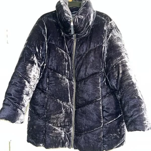 Talbots Velvet Puffer Coat Dark Purple Womens Large Quilted Fluffy Cowl Jacket - Picture 1 of 7