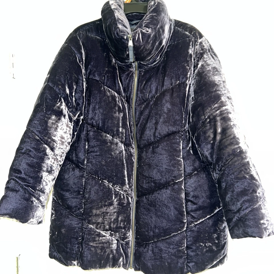 Talbots Velvet Puffer Coat Dark Purple Womens Large Quilted Fluffy Cowl Jacket - Image 1 of 4
