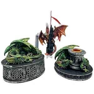 Konvolut 3 Drachen Figuren Schmuckschatulle, Kerzenhalter und dekorative mythische - Bild 1 von 20