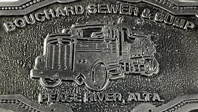 Vtg Belt Buckle CAT DESIGNS-Made in Canada-BOUCHARD SEWER AND SUMP Peace River - Image 1 of 4