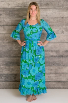 Vintage 70s Kati Laura Phillips Maxi Dress Floaty Bell Sleeve Size 8 Sale — 第 1/4 张图片