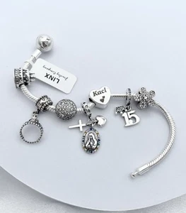 Linx Silver Charm Bracelet with Custom Name And Quinceanera 15th Birthday Charms - Picture 1 of 9