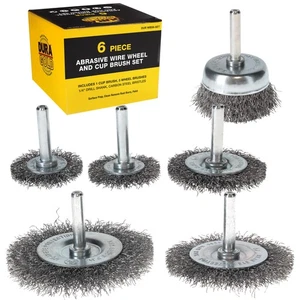 6pc Abrasive Wire Wheel and Cup Brush Set, 1/4" Drill Shank, Grind Remove Rust - Picture 1 of 5