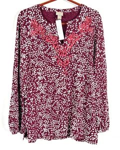 Chicos 1 Size 8 Top Notch Neck Embroidered Long Sleeve Deep Chianti Print NEW - Picture 1 of 9