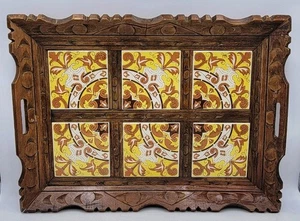 Vintage Mexican Talavera Tile Wooden Carved Tray 19 X 14 - Picture 1 of 21