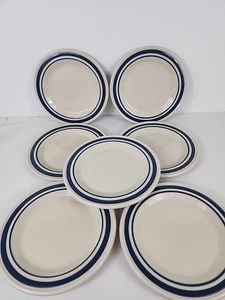 Roseville Ohio Friendship Pottery Salad/Dessert Plates Ivory Blue Stripes EUC - Picture 1 of 8