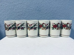 6 Vtg Japanese Sake Tea Drinking Glasses Ceramic Asian Red Floral Pheasants - Picture 1 of 6