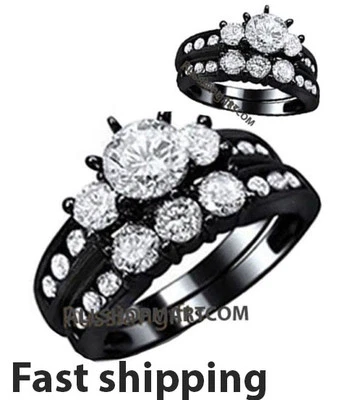 925 Sterling Silver black Wedding  lab-create Ring Women's Ladies band zs 9-9.5 - Image 1 of 4