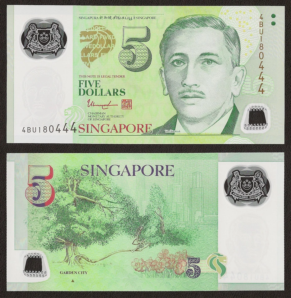 SINGAPORE 5 Dollars w/1 Triangle 2014 P-47d Polymer UNC Uncirculated - Image 1 of 1