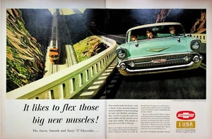 1957 Chevrolet Bel Air Sport Coupe 2-Page Print Ad Chevy Corvette V8 Locomotive - Picture 1 of 3