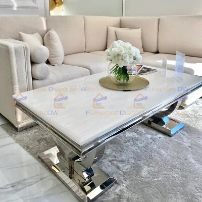 FURNITUREDW Modern Arriana 130cm x 70cm Chrome Coffee Table White Marble Top for Living Room
