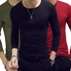 Herren Langarm T-Shirt Baumwolle Uni Rundhals Freizeit Tee Tops M-3XL #US - Bild 1 von 19