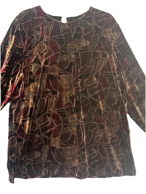 Brown Velvet/Velour Tunic Gold Accent Round Neck Long Sleeve Women’s 2XL - Image 1 of 4