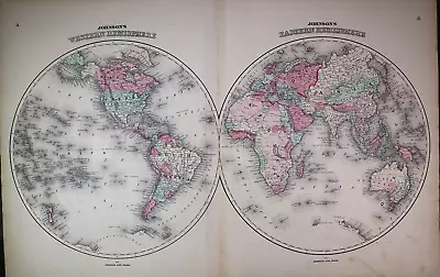 Authentic Antique 1863 Johnson Atlas Map ~ WORLD HEMISPHERES ~ (XLG18x26) -#1449 • 41.40$
