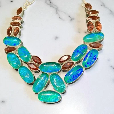 BOLD BLUE GREEN Lab Opal & Crystal Sterling Silver Plated STATEMENT Bib Necklace - Image 1 of 4