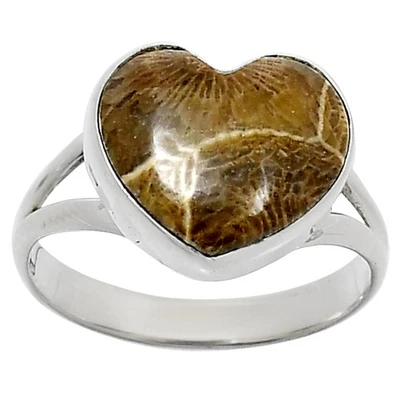 Anillo Corazón Flor Natural Fósil Coral Plata de Ley 925 s.10 Joyería R-1073 Foto 1 de 4