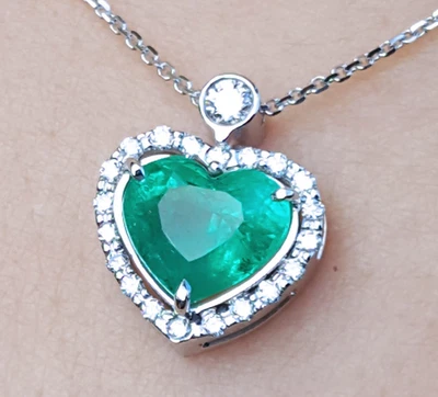 Heart Colombian Emerald Diamond Halo Slider Pendant Necklace in 14K White Gold - Image 1 of 4