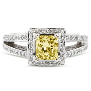 1 1/2ct Yellow SI1 Princess Natural Certified Diamonds 18k Halo Engagement Ring - Picture 1 of 10