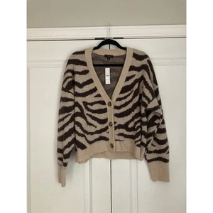 J. Crew Ribbed V-neck Cardigan Sweater Zebra Stripe Alpaca Wool Blend Size XL - Picture 1 of 7