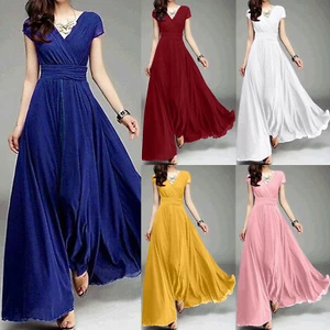 Womens V-Neck Short Sleeve Chiffon Evening Party Dress Ladies Maxi Long Sundress - Picture 1 of 12