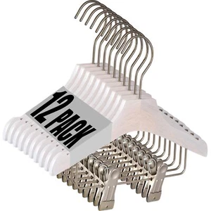 White Wooden Kids Closet Hangers 12PCS 9.8" Baby Toddler Clothes Hangers Clips - Picture 1 of 9