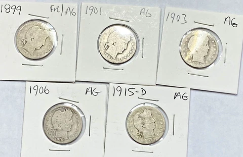 Lot of Five 5 Barber Quarters 1899 1901 1903 1906 1915-D - Well Worn AG Cover