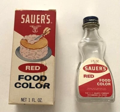Vintage SAUER'S Red Food Color 1 FL.OZ. Empty Glass Bottle &  Red Food Color Box - Image 1 of 4