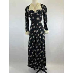 Vintage 70s Black Floral Collared along Sleeve Maxi Dress - Picture 1 of 9