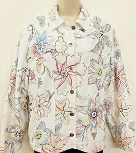Tanjay Women's Soft White Denim Jacket Embroidered Colorful Flowers Lined Sz L - Picture 1 of 12