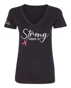 Camiseta Strong Joshua 1:9 Cáncer de Mama Mujeres Junior Calce VNeck - Imagen 1 de 6