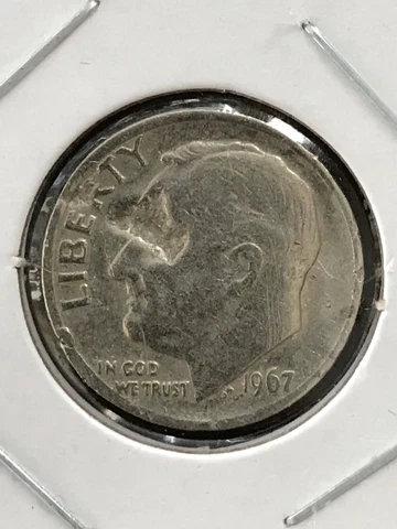 1967 Rare Roosevelt Dime,Lamination Error Coin with a strike thru Mint Error Cover