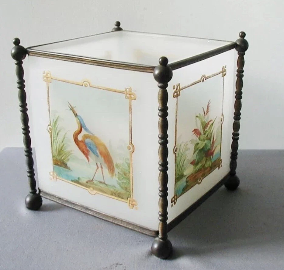 Vaso antigo bronze opalino vidro cache caixa de tecido Jardiniere Chinoiserie - Imagem 1 de 4