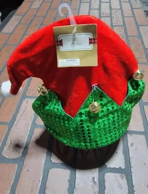 Sombrero de Elfo de Navidad con Campanas y Puño de Lentejuelas Rojo y Verde con Pompón Blanco Foto 1 de 2