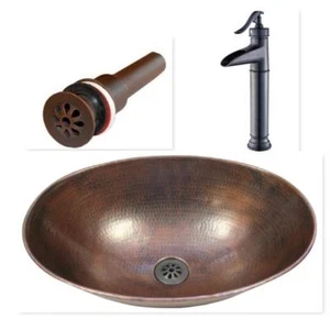 17" Oval Copper Vessel Sink with 13" ORB Faucet & Daisy Drain - Picture 1 of 5