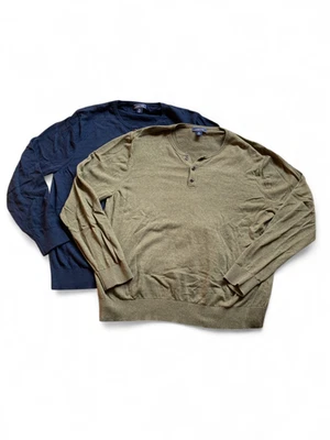 Lands End Men XL Lot 2 Henley Sweater Cotton Cashmere Navy Green Heritage Rugged - Image 1 of 4