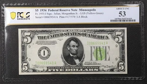 PCGS AU 53 Series 1934 Yellow-Green Seal $5 Minneapolis Federal Reserve Note - Picture 1 of 2