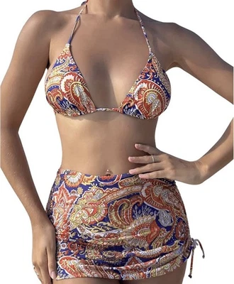 Blue & Orange S Paisley Bikini Swimsuit, Cover-up & Hair Tie- 4pc Swimwear Set - Image 1 of 4