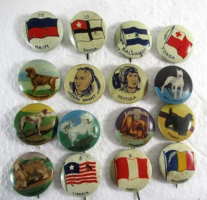 16 OLD CRACKER JACK PIN-BACK BUTTONS, INDIAN CHIEFS, DOGS, FOREIGN FLAGS - Picture 1 of 5