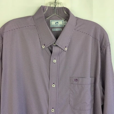 Southern Tide Intercoastal Micro Gingham Performance Shirt Size L Purple/White - Image 1 of 4