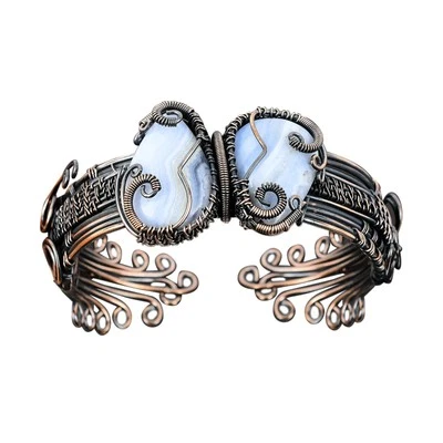 Brazalete Brazalete Hecho a Mano Hija Cobre Piedra Ágata Encaje Azul Oferta Día de las Hermanas Foto 1 de 4