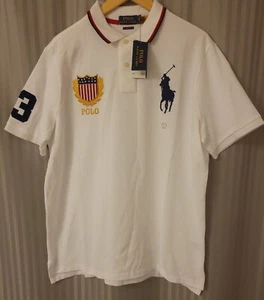 Polo Ralph Lauren Men’s L Big Navy Pony Flag Shield #3 Polo Shirt White NWT - Picture 1 of 8