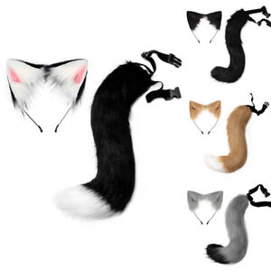 Halloween Cosplay Furry Fur Fox Ears Headband + Long Tail Costume Props Decor