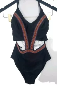 Costume da bagno pezzo unico nero taglio alto - bordo con ricamo multicolore, Medium - Foto 1 di 15