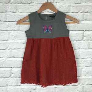 Girls Red & Grey 100% Cotton Sleeveless Dress Lace Skirt Butterfly Print - Picture 1 of 6